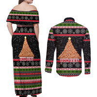 Personalized New Zealand Meri Kirihimete Couples Matching Off Shoulder Maxi Dress and Long Sleeve Button Shirt Maori Warrior with Rugby Christmas Tree LT03 - Polynesian Pride