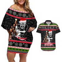 Personalized New Zealand Meri Kirihimete Couples Matching Off Shoulder Short Dress and Hawaiian Shirt Maori Warrior with Rugby Christmas Tree LT03 Black - Polynesian Pride