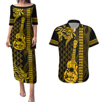 Custom Hawaii Couples Matching Puletasi Dress and Hawaiian Shirt Ukelele and Hula Girl Mix Kakau Pattern LT03 Yellow - Polynesian Pride