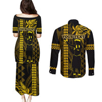 Custom Hawaii Couples Matching Puletasi Dress and Long Sleeve Button Shirt Ukelele and Hula Girl Mix Kakau Pattern LT03 - Polynesian Pride