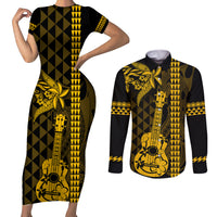 Custom Hawaii Couples Matching Short Sleeve Bodycon Dress and Long Sleeve Button Shirt Ukelele and Hula Girl Mix Kakau Pattern LT03 Yellow - Polynesian Pride