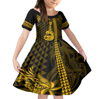 Custom Hawaii Family Matching Long Sleeve Bodycon Dress and Hawaiian Shirt Ukelele and Hula Girl Mix Kakau Pattern LT03 Daughter's Dress Yellow - Polynesian Pride