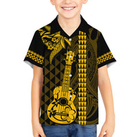 Custom Hawaii Family Matching Puletasi Dress and Hawaiian Shirt Ukelele and Hula Girl Mix Kakau Pattern LT03 Son's Shirt Yellow - Polynesian Pride