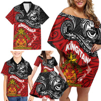 The Kingitanga - Maori King Movement Family Matching Off Shoulder Short Dress and Hawaiian Shirt Ko Te Mana Motuhake Emblem with Moko and Polynesian Art Tattoo