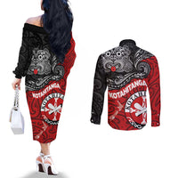Maori Kotahitanga Couples Matching Off The Shoulder Long Sleeve Dress and Long Sleeve Button Shirt Aotearoa Spirit with Maori Mask and Polynesian Art Tattoo