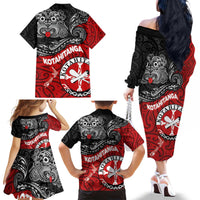 Maori Kotahitanga Family Matching Off The Shoulder Long Sleeve Dress and Hawaiian Shirt Aotearoa Spirit with Maori Mask and Polynesian Art Tattoo