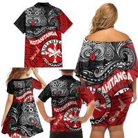 Maori Kotahitanga Family Matching Off Shoulder Short Dress and Hawaiian Shirt Aotearoa Spirit with Maori Mask and Polynesian Art Tattoo