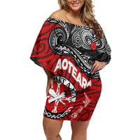 Maori Kotahitanga Family Matching Off Shoulder Short Dress and Hawaiian Shirt Aotearoa Spirit with Maori Mask and Polynesian Art Tattoo