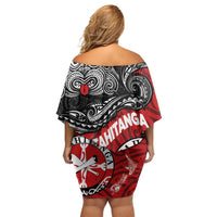 Maori Kotahitanga Family Matching Off Shoulder Short Dress and Hawaiian Shirt Aotearoa Spirit with Maori Mask and Polynesian Art Tattoo