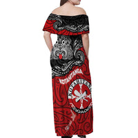 Maori Kotahitanga Off Shoulder Maxi Dress Aotearoa Spirit with Maori Mask and Polynesian Art Tattoo