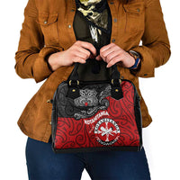 Maori Kotahitanga Shoulder Handbag Aotearoa Spirit with Maori Mask and Polynesian Art Tattoo