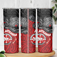 Maori Kotahitanga Skinny Tumbler Aotearoa Spirit with Maori Mask and Polynesian Art Tattoo LT03
