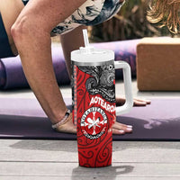 Maori Kotahitanga Tumbler With Handle Aotearoa Spirit with Maori Mask and Polynesian Art Tattoo LT03