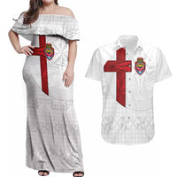 Custom Tonga Ngatu Art Rugby Mate Ma'a Couples Matching Off Shoulder Maxi Dress and Hawaiian Shirt LT03 White - Polynesian Pride