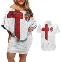 Custom Tonga Ngatu Art Rugby Mate Ma'a Couples Matching Off Shoulder Short Dress and Hawaiian Shirt LT03 White - Polynesian Pride