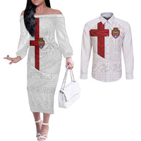 Custom Tonga Ngatu Art Rugby Mate Ma'a Couples Matching Off The Shoulder Long Sleeve Dress and Long Sleeve Button Shirt - Polynesian Pride