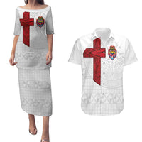 Custom Tonga Ngatu Art Rugby Mate Ma'a Couples Matching Puletasi and Hawaiian Shirt LT03 White - Polynesian Pride