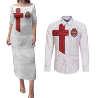 Custom Tonga Ngatu Art Rugby Mate Ma'a Couples Matching Puletasi and Long Sleeve Button Shirt LT03 White - Polynesian Pride