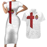 Custom Tonga Ngatu Art Rugby Mate Ma'a Couples Matching Short Sleeve Bodycon Dress and Hawaiian Shirt LT03 White - Polynesian Pride