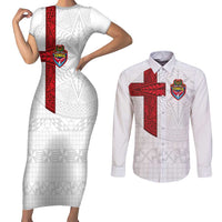 Custom Tonga Ngatu Art Rugby Mate Ma'a Couples Matching Short Sleeve Bodycon Dress and Long Sleeve Button Shirt LT03 White - Polynesian Pride