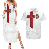 Custom Tonga Ngatu Art Rugby Mate Ma'a Couples Matching Summer Maxi Dress and Hawaiian Shirt LT03 White - Polynesian Pride