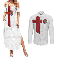 Custom Tonga Ngatu Art Rugby Mate Ma'a Couples Matching Summer Maxi Dress and Long Sleeve Button Shirt LT03 White - Polynesian Pride