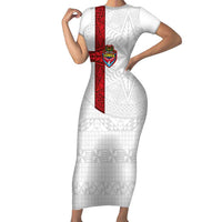 Custom Tonga Ngatu Art Rugby Mate Ma'a Short Sleeve Bodycon Dress LT03 Long Dress White - Polynesian Pride