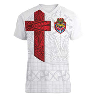 Custom Tonga Ngatu Art Rugby Mate Ma'a Women V-Neck T-Shirt LT03 Female White - Polynesian Pride