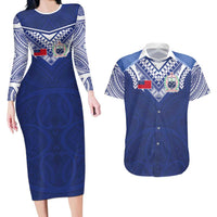 Custom Samoa Rugby Couples Matching Long Sleeve Bodycon Dress and Hawaiian Shirt Pacific Motifs LT03 Blue - Polynesian Pride