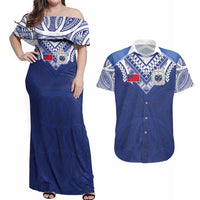 Custom Samoa Rugby Couples Matching Off Shoulder Maxi Dress and Hawaiian Shirt Pacific Motifs LT03 Blue - Polynesian Pride