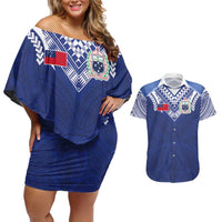 Custom Samoa Rugby Couples Matching Off Shoulder Short Dress and Hawaiian Shirt Pacific Motifs LT03 Blue - Polynesian Pride