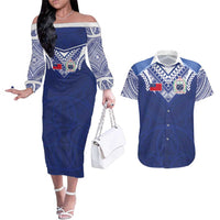Custom Samoa Rugby Couples Matching Off The Shoulder Long Sleeve Dress and Hawaiian Shirt Pacific Motifs LT03 Blue - Polynesian Pride
