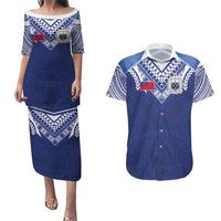 Custom Samoa Rugby Couples Matching Puletasi and Hawaiian Shirt Pacific Motifs LT03 Blue - Polynesian Pride