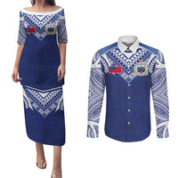 Custom Samoa Rugby Couples Matching Puletasi and Long Sleeve Button Shirt Pacific Motifs LT03 Blue - Polynesian Pride