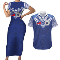 Custom Samoa Rugby Couples Matching Short Sleeve Bodycon Dress and Hawaiian Shirt Pacific Motifs LT03 Blue - Polynesian Pride