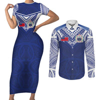 Custom Samoa Rugby Couples Matching Short Sleeve Bodycon Dress and Long Sleeve Button Shirt Pacific Motifs LT03 Blue - Polynesian Pride