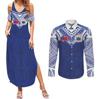 Custom Samoa Rugby Couples Matching Summer Maxi Dress and Long Sleeve Button Shirt Pacific Motifs LT03 Blue - Polynesian Pride
