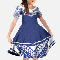 Custom Samoa Rugby Family Matching Long Sleeve Bodycon Dress and Hawaiian Shirt Pacific Motifs LT03 Daughter's Dress Blue - Polynesian Pride
