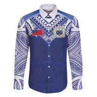 Custom Samoa Rugby Family Matching Long Sleeve Bodycon Dress and Hawaiian Shirt Pacific Motifs LT03 Dad's Shirt - Long Sleeve Blue - Polynesian Pride