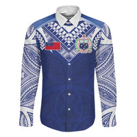 Custom Samoa Rugby Family Matching Off Shoulder Maxi Dress and Hawaiian Shirt Pacific Motifs LT03 Dad's Shirt - Long Sleeve Blue - Polynesian Pride