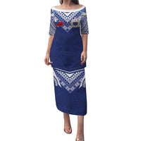 Custom Samoa Rugby Family Matching Puletasi and Hawaiian Shirt Pacific Motifs LT03 Mom's Dress Blue - Polynesian Pride