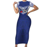 Custom Samoa Rugby Family Matching Short Sleeve Bodycon Dress and Hawaiian Shirt Pacific Motifs LT03 Mom's Dress Blue - Polynesian Pride