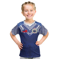 Custom Samoa Rugby Kid T Shirt Pacific Motifs LT03 Blue - Polynesian Pride