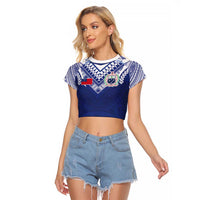 Custom Samoa Rugby Raglan Cropped T Shirt Pacific Motifs LT03 Female Blue - Polynesian Pride