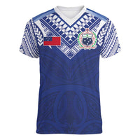 Custom Samoa Rugby Women V-Neck T-Shirt Pacific Motifs LT03 Female Blue - Polynesian Pride