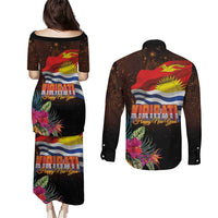 Kiribati Flag and Fireworks Couples Matching Puletasi and Long Sleeve Button Shirt First Place Welcome the New Year LT03 - Polynesian Pride