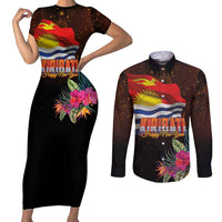 Kiribati Flag and Fireworks Couples Matching Short Sleeve Bodycon Dress and Long Sleeve Button Shirt First Place Welcome the New Year LT03 Black - Polynesian Pride