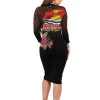 Kiribati Flag and Fireworks Long Sleeve Bodycon Dress First Place Welcome the New Year - Polynesian Pride