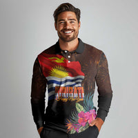 Kiribati Flag and Fireworks Long Sleeve Polo Shirt First Place Welcome the New Year - Polynesian Pride