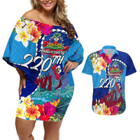 Personalised Haiti 220th Anniversary Independence Day Couples Matching Off Shoulder Short Dress and Hawaiian Shirt Ayiti Flower with Polynesian Pattern LT03 Blue - Polynesian Pride